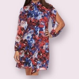 Jennifer Lopez Womens Floral Mock Neck Tie Sheer Chiffon Shift Dress Size 2